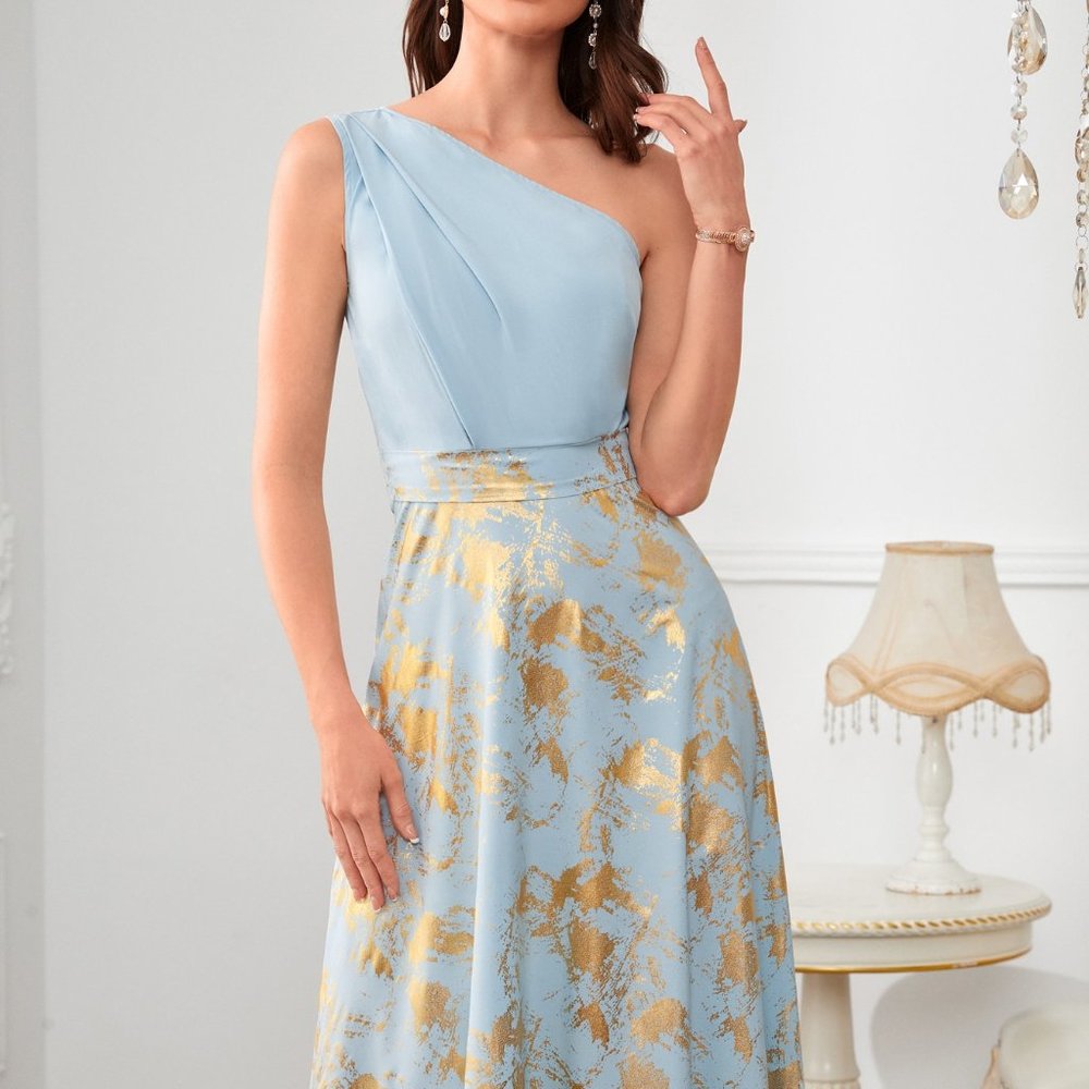 New Gold Print One Shoulder Maxi Bridesmaid Dress Formal Night Prom Dress
